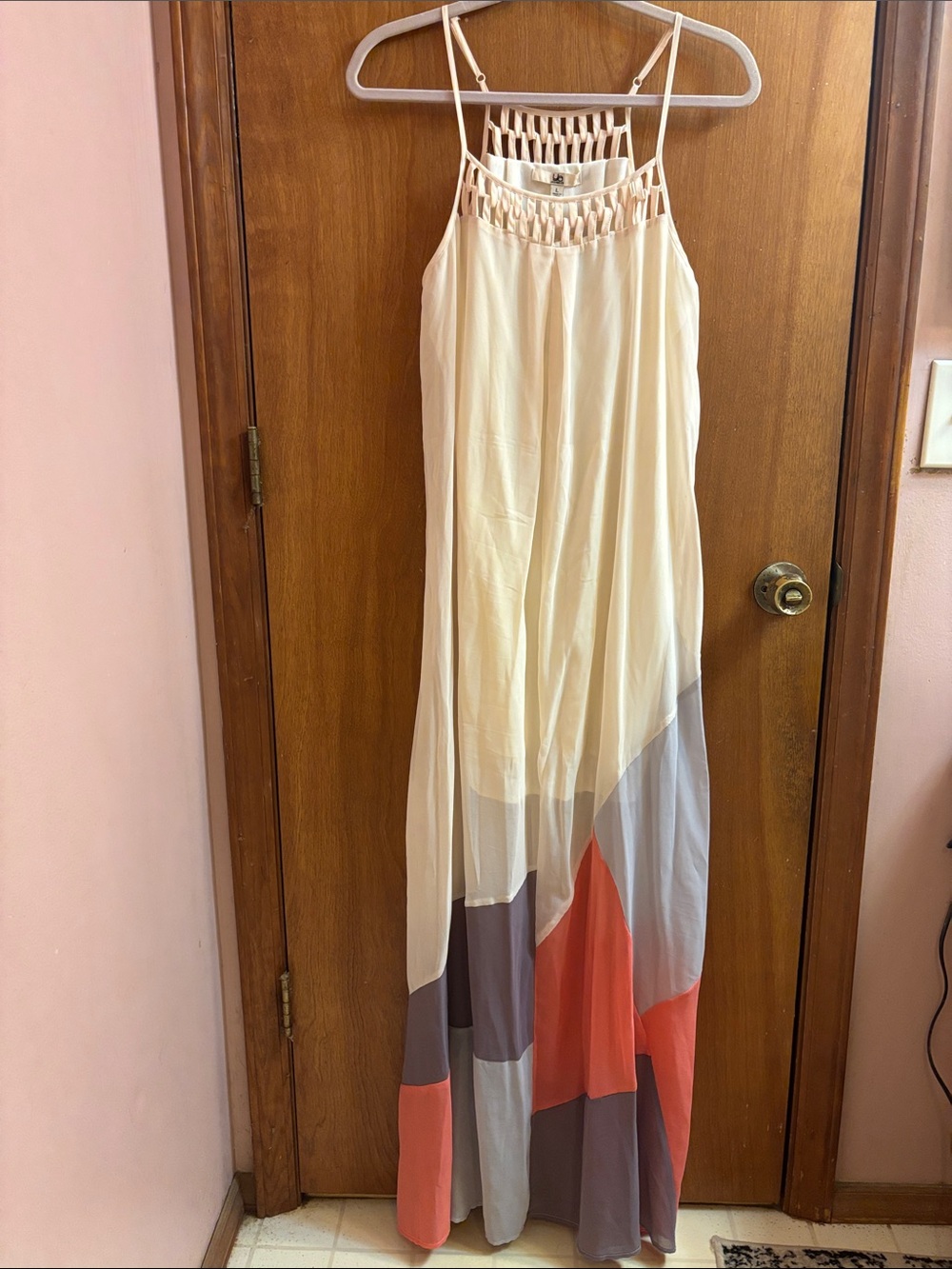 Ya Los Angeles Cream Maxi Dress with Coral and Gray Panels